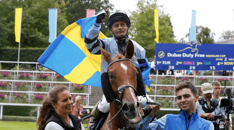 Per-Anders Gråberg efter sin sejr under Shergar Cup med Andrew Balding-trænede Cleonte. Foto: Racing UK.