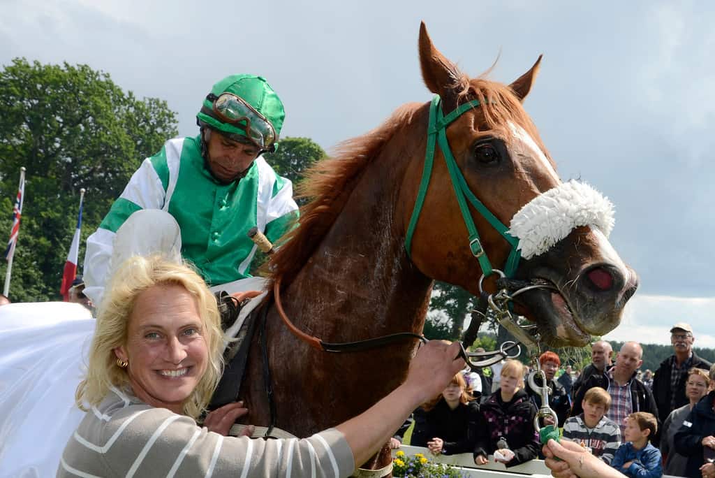 Ylva Brandt med Echinus och Luis Santos. Foto: Stefan Olsson / Svensk Galopp