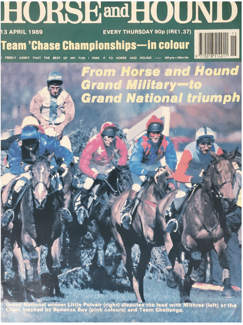 Forsiden på Horse and Hound - Lars Kelp se øverst i billedet (grøn hue) på vej over The Chair under Grand National Steeplechase.