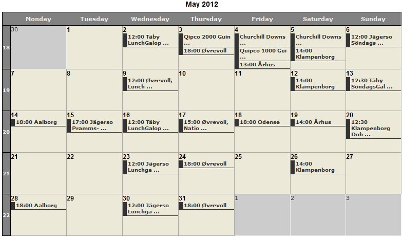 Sådan ser maj måneds begivenheder ud i Galopsport.dk's interaktive kalender.